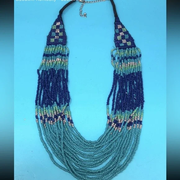 Artisan Handmade Native American Blue and Green Beaded Necklace - Picture 1 of 2